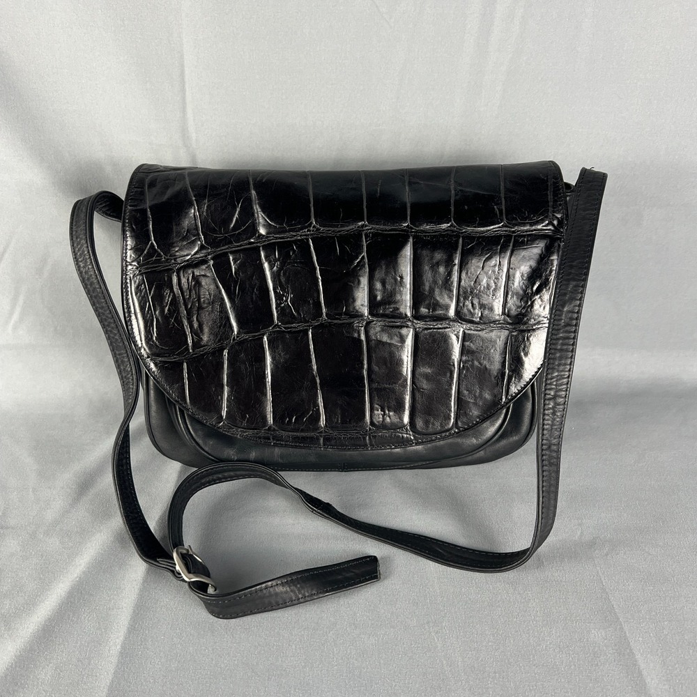 Abro Womens Handbag Black Croc Embossed Leather Shoulder Strap Crossbody Bag